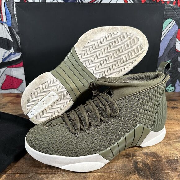 Size 12 - PSNY x Jordan 15 Retro Woven Olive AO2568-200 USED Green Brown White
